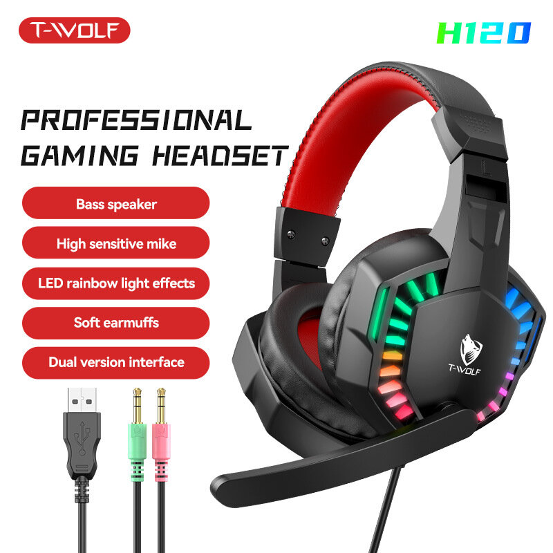 T-WOLF H120 Проводной игровой наушник с микрофоном для ПК, удобный дизайн для игр и стриминга