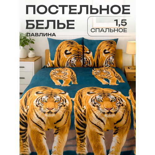 Постельное белье 1.5 спальное Павлина Тигры поле, Полисатин, наволочки 70x70 Pavlina
