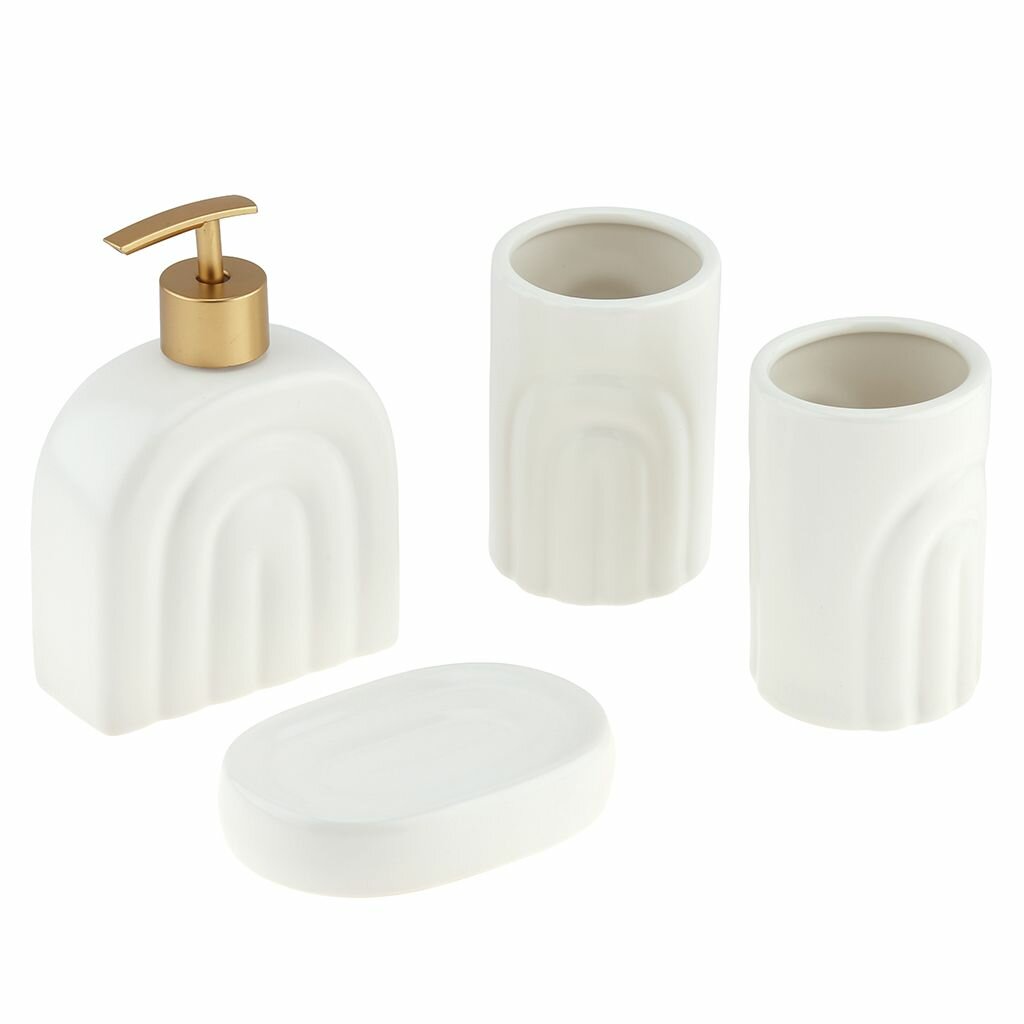 Набор д/ванной 4пр "Аравия" дозатор/мыльница/стакан-2шт керамика, глянцевая глазурь, белый/золотой