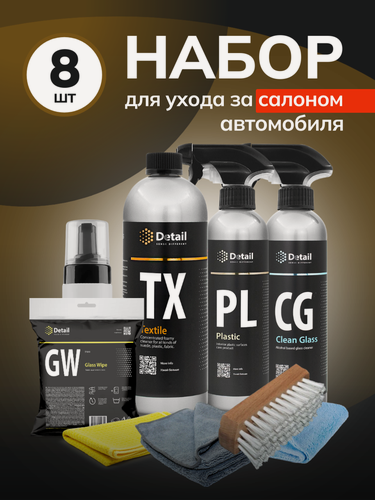 Изображение товара Набор для химчистки салона и детейлинга интерьера: чистка текстиля, стекол и зеркал + полироль для пластика, 8 предметов