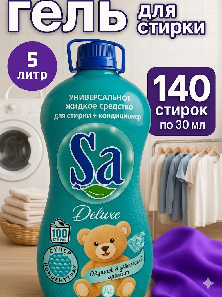 Гель для стирки SA Deluxe 5 кг, 2 в 1, 100 стирок, универсальный, цветочный аромат