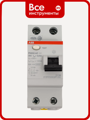 Изображение товара Выключатель дифференциального тока ABB /УЗО/ 2п 25А 30мА FH202 2CSF202002R1250, электромеханический, защита