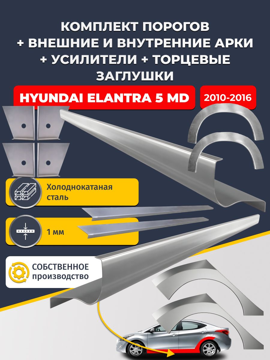 Комплект ремонтных задних внешних и внутренних арок (0,8 мм) + комплект порогов + 4 торцевые заглушки + усилители, на Hyundai Elantra 5 MD 2010-2016 седан (Элантра 5 МД) Холоднокатаная сталь 1 мм