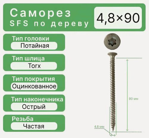 Изображение товара Саморезы универсальные по дереву, гипсокартону, теплоизоляции 4,8x90 мм, 200 шт.
