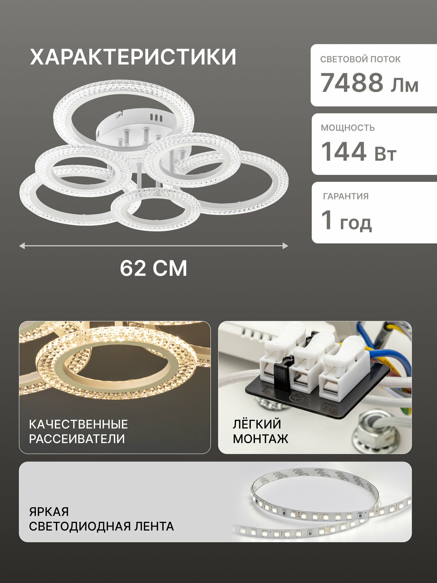 Люстра потолочная светодиодная с пультом в зал, белая, Ritter SHINE, 144 Вт, до 40 м2 51942 7 — фото 1