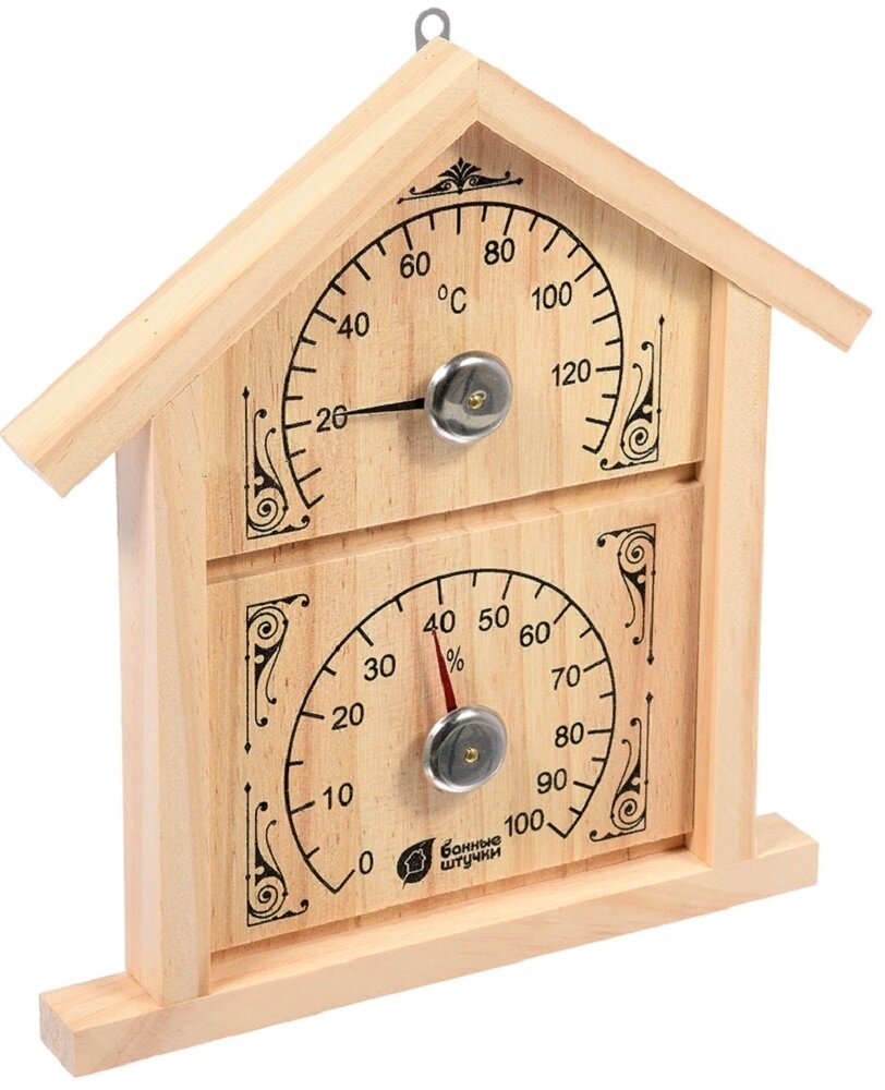 Термометр для бани Банные штучки Домик с гигрометром настенный без ртути деревянный бежевый 23.6х22х1.9см / товары для дома