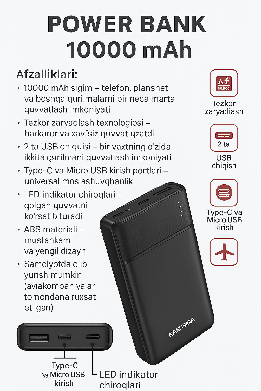 Внешний аккумулятор Kakusiga 10000 мАч с быстрой зарядкой | 2 выхода USB | Входы Type-C и Micro USB