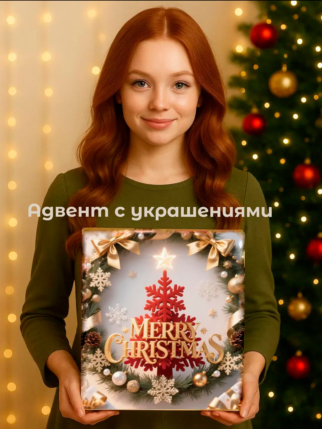 Адвент календарь новогодний, с украшениями, для девочек и девушек, с красной ёлочкой