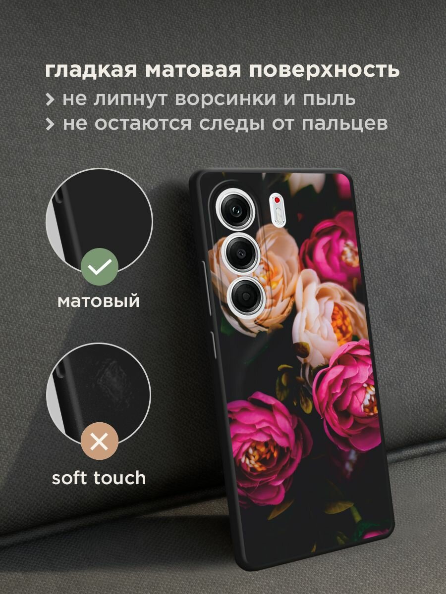 Черный матовый чехол на Tecno Camon 40 Pro 5G / Текно Камон 40 Про 5G с принтом "Розовые пионы на черном" — фото 1