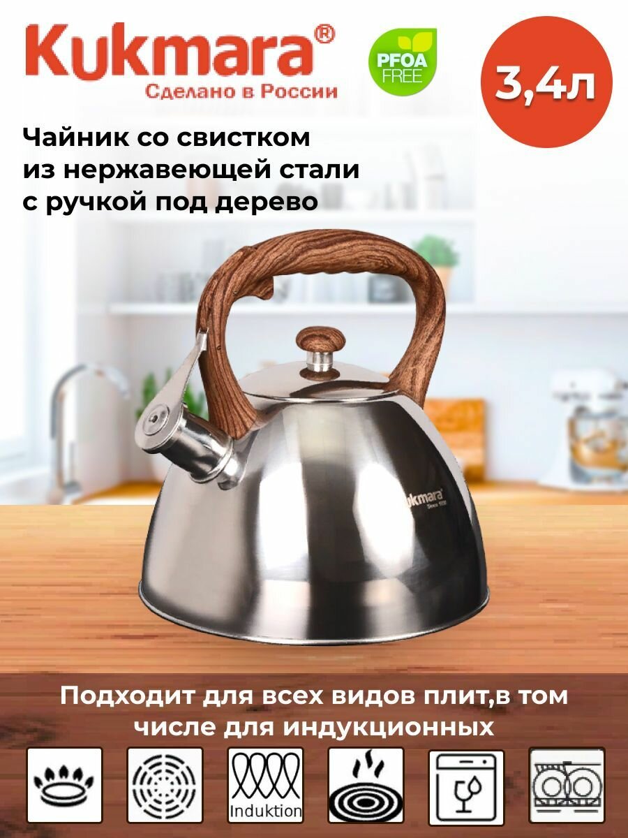 Чайник со свистком из нержавеющей стали 3л с ручкой под дерево