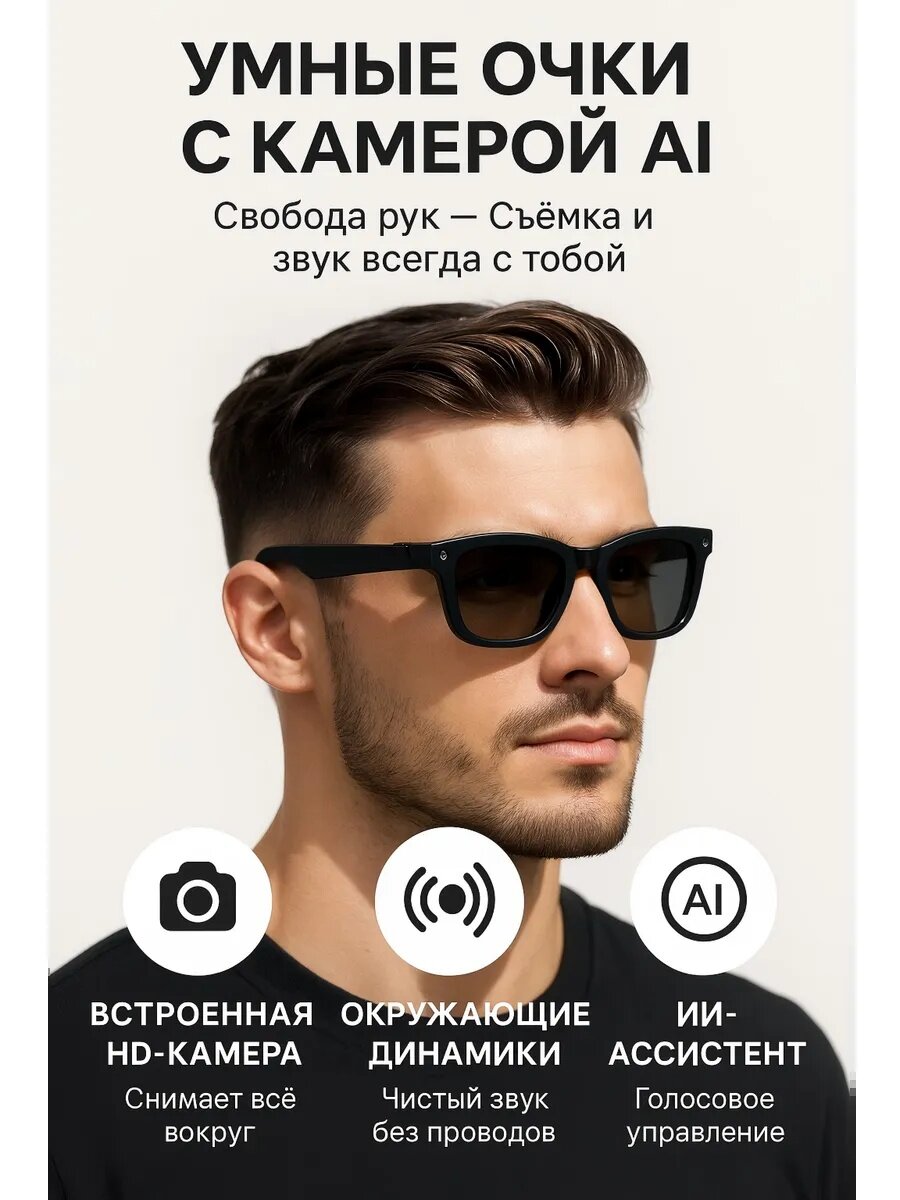 Очки с камерой AI, Bluetooth-наушники, водонепроницаемые, пылезащитные, черный