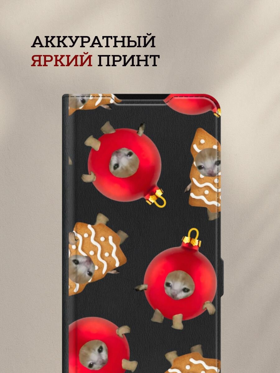 Чехол-книжка на Samsung Galaxy A17 / Самсунг А17 с рисунком Котенок в шарике и елке, черный — фото 1
