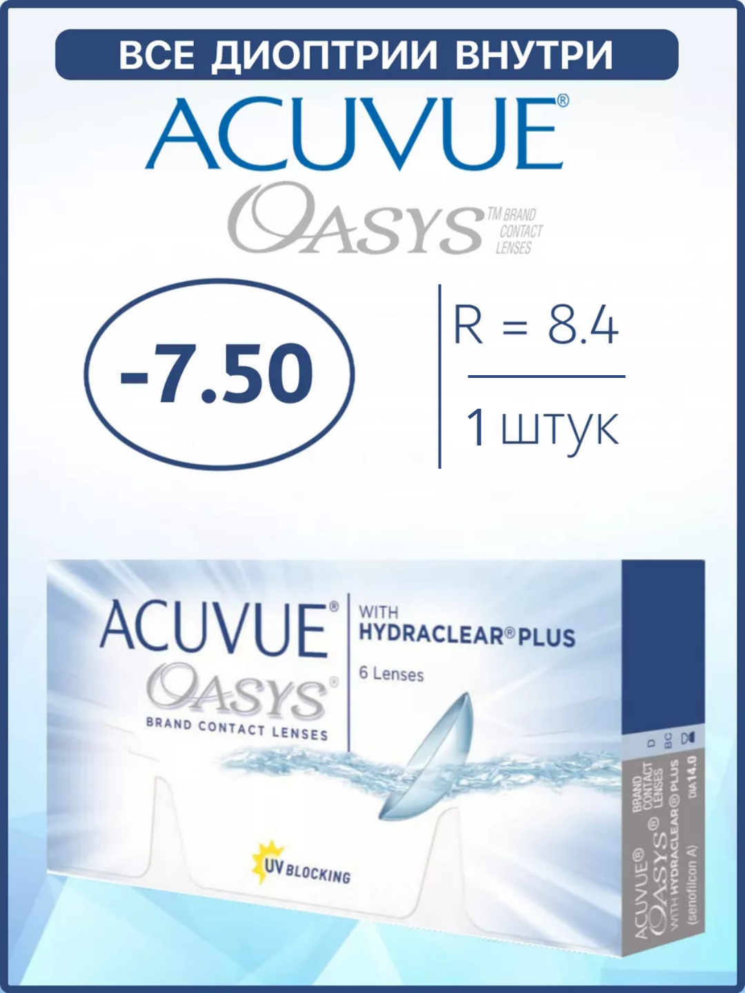 Контактные линзы двухнедельные Acuvue Oasys / Акувью Оазис 1 шт /-7.50 BC 8.4