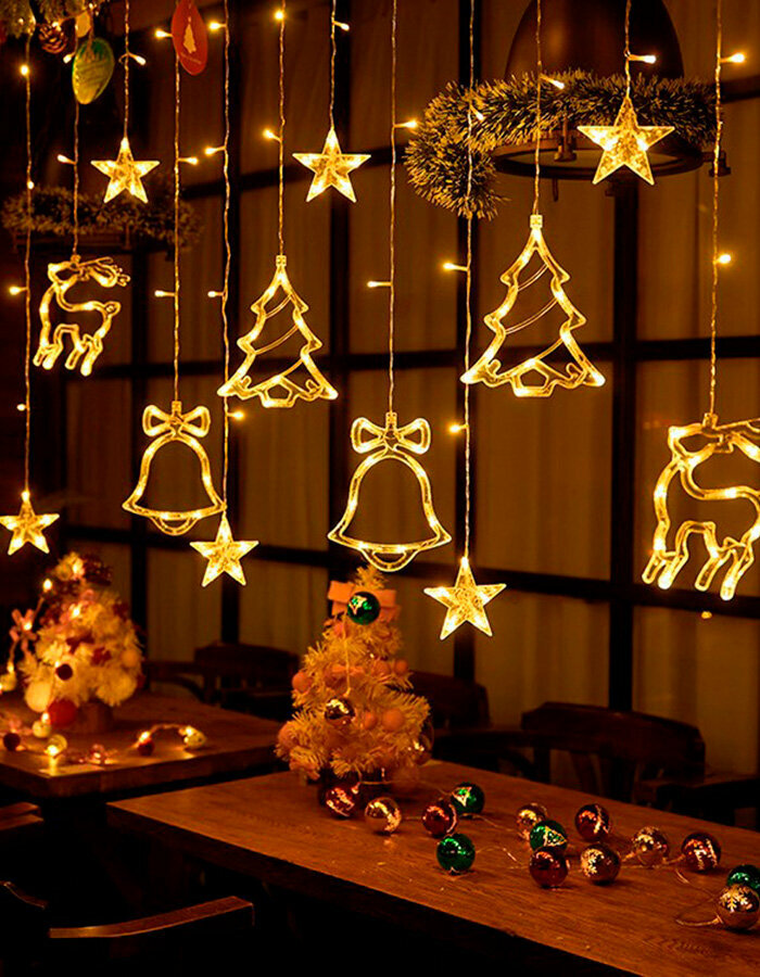 Новогодняя гирлянда олень, елка, колокольчик 3 м светодиодная, питание от сети 220В, теплый (желтый
