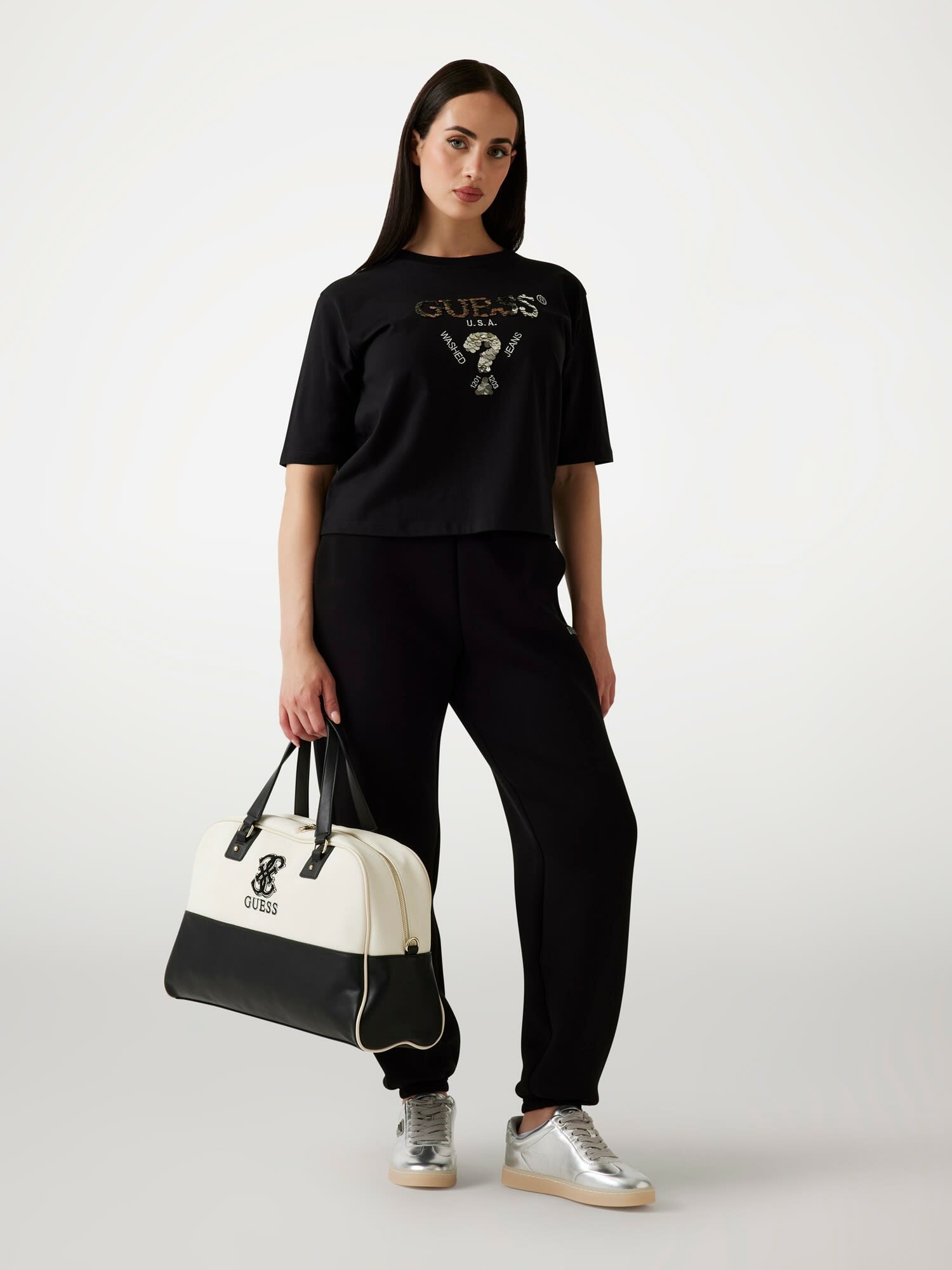 Футболка GUESS AURELIE BOXY TEE, размер XL, черный/белый — фото 1