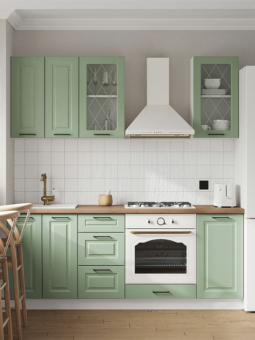 Кухонный гарнитур Шервуд 2 м мебель для дома и кухни Белый / Шато мята со стеклом