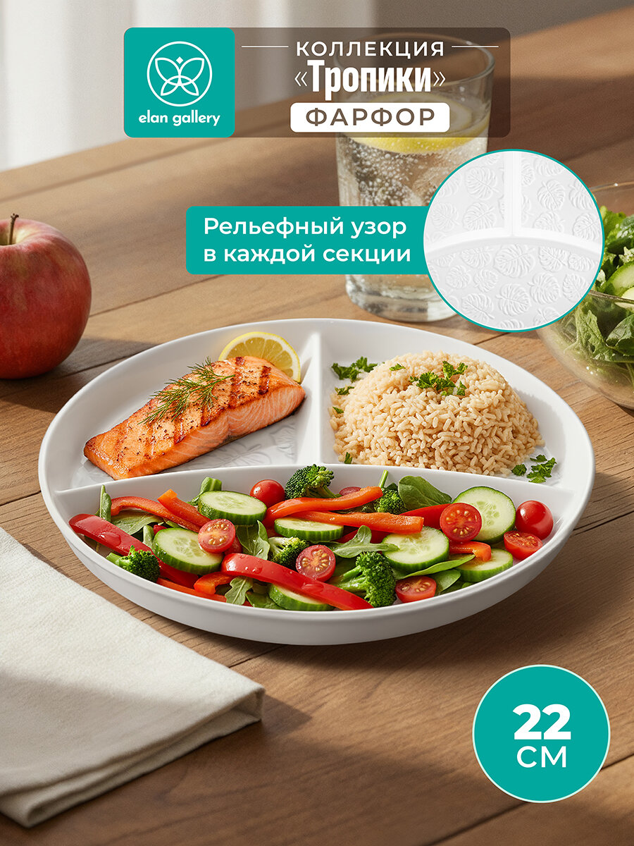 Тарелка секционная для правильного питания 22х22х2,5 см Elan Gallery Тропики, цельная, глубокая, 3 секции