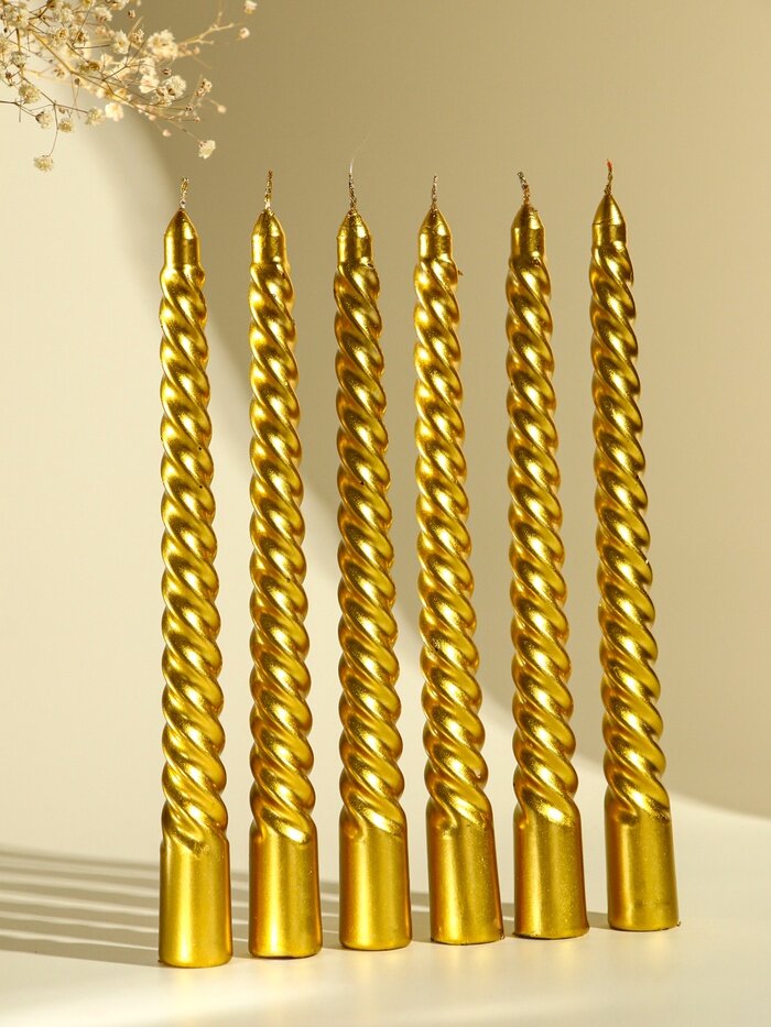 Набор свечей витых, 1.9×20 см, 6 шт, золотой металлик