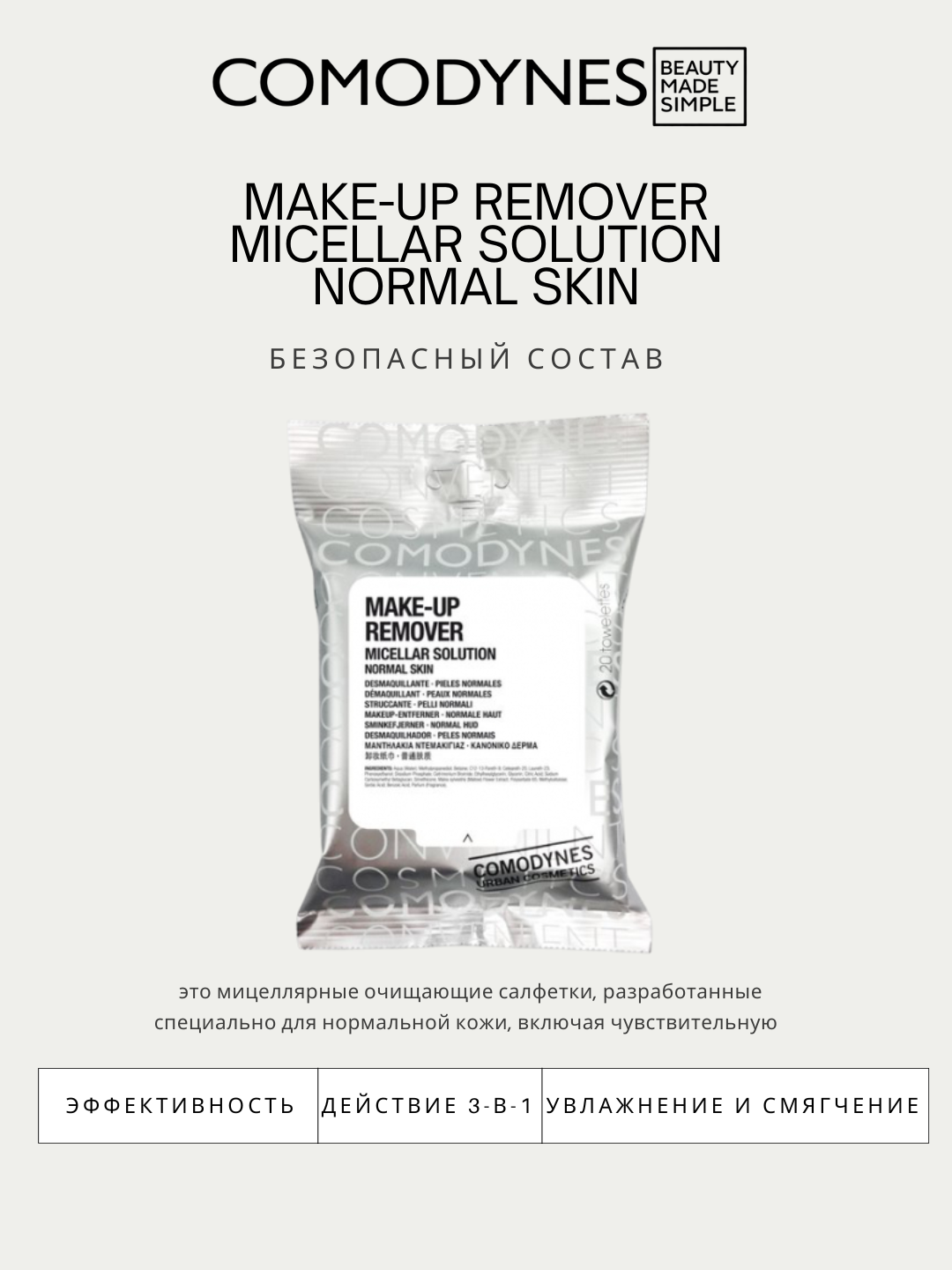 Средство для снятия макияжа для нормальной кожи - Comodynes micellar normal skin 20 Towels