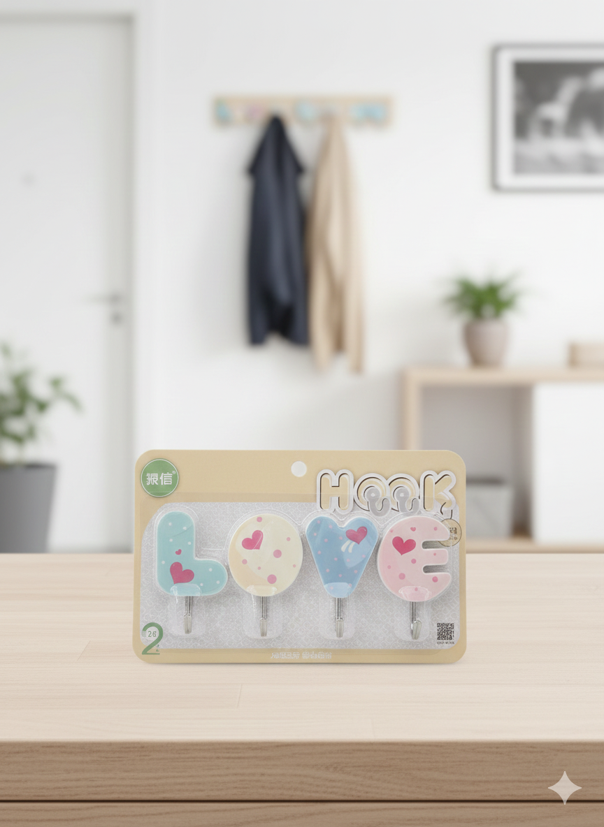 Самоклеящиеся крючки Love, набор 4 шт, декоративные настенные крючки, без сверления, для кухни и ванной