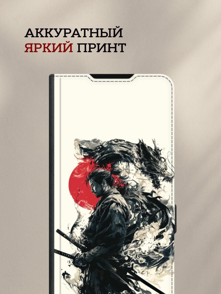 Чехол-книжка на Apple iPhone 16 Pro Max / Айфон 16 Про Макс с принтом Самурай и дракон, черный — фото 1