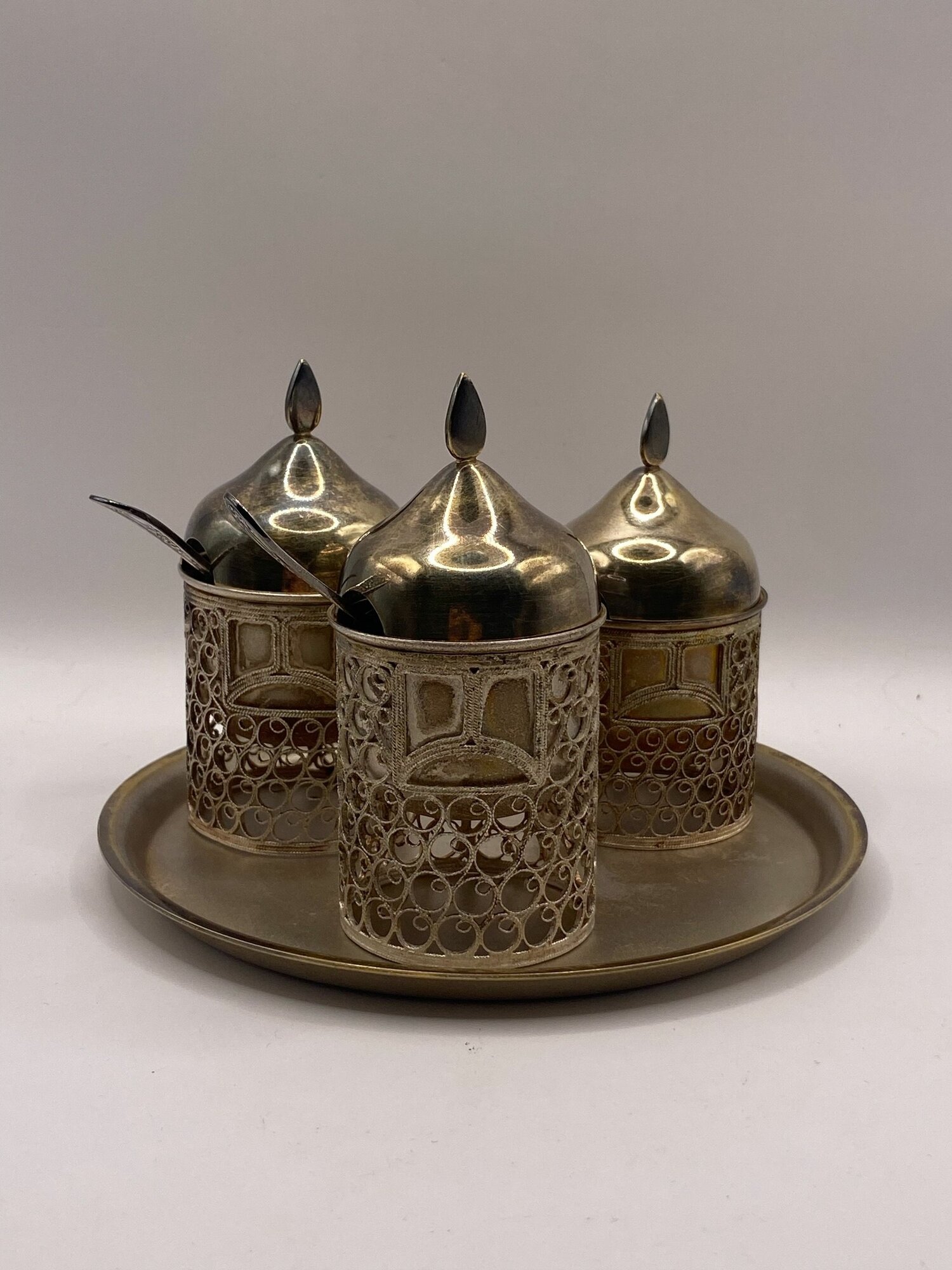 Набор для специй "Три богатыря". Мельхиор. Скань. Стекло. СССР. 1977 год.