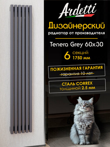Изображение товара Вертикальный радиатор отопления 60х30 с высотой 1750 мм, 6 секций с нижним центральным подключением, серый RAL 7024