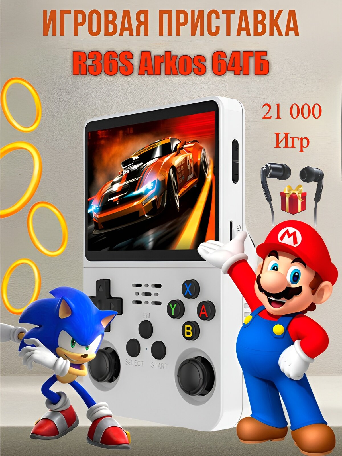 Игровая приставка R36S ArkOs портативная ретро консоль 64ГБ + 21000 игр, белая