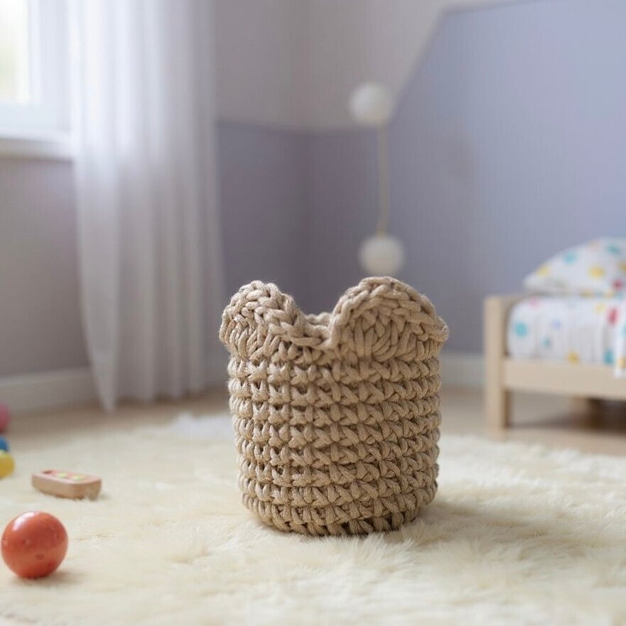 Корзина для игрушек "Мишка" вязаная бежевая ручная работа хлопок 1 шт