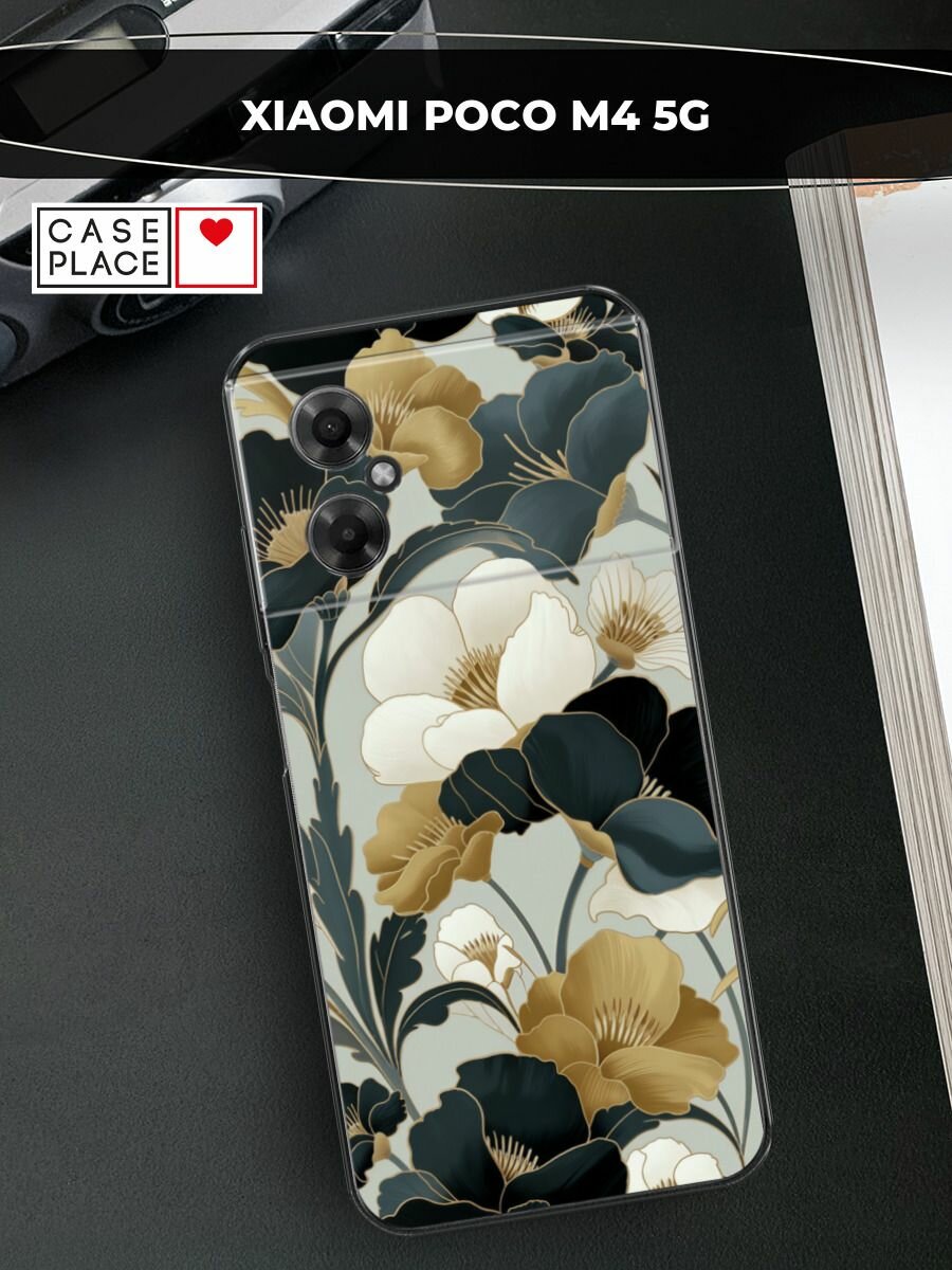 Чехол на Xiaomi Poco M4 5G / Сяоми Поко M4 5G с принтом Золотые и белые цветы