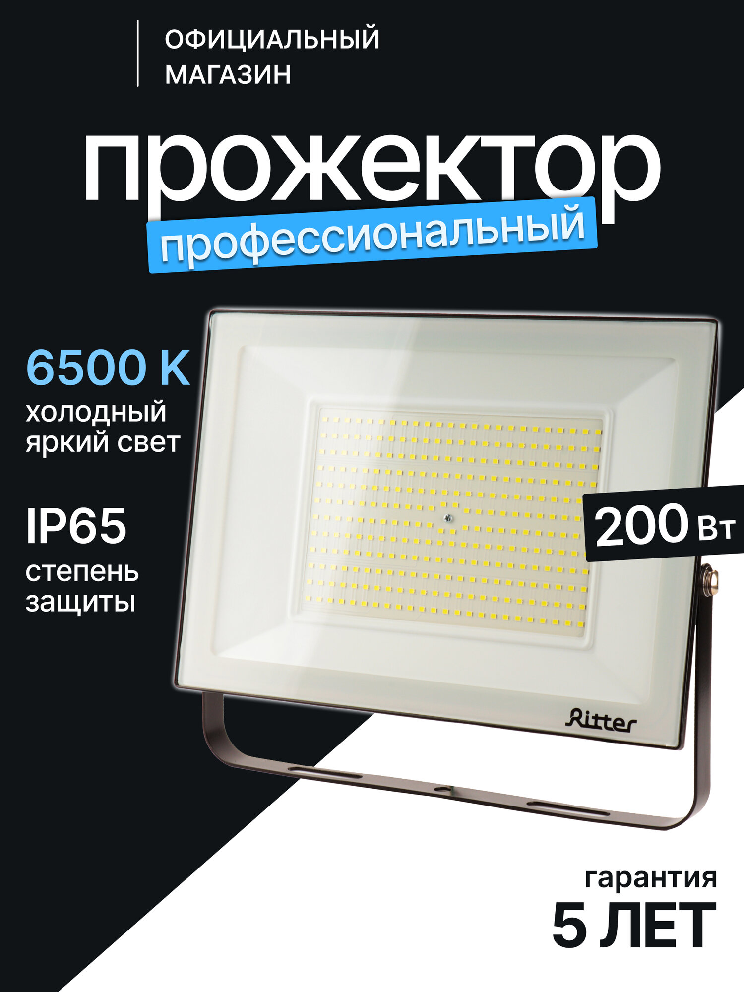 Прожектор Ritter светодиодный 200Вт уличный, холодный свет 6500К, IP65, серия PROFI 53412 3
