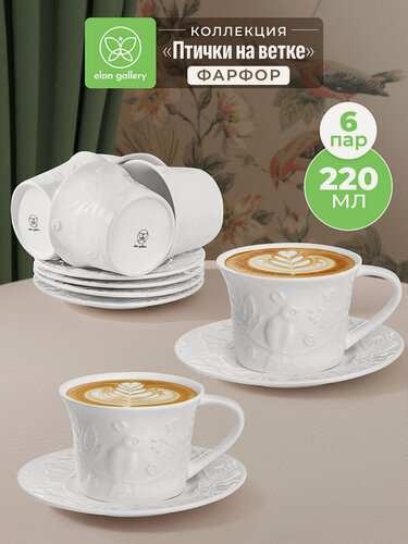 Изображение товара Чайная пара, чашка с блюдцем 12 пр. Elan Gallery "Птички на ветке", 220 мл, набор