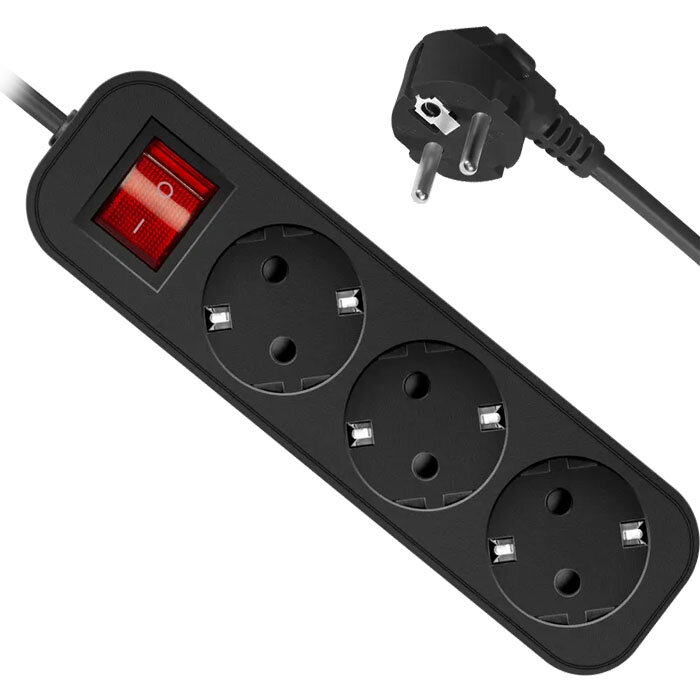 Удлинитель 1.8м 3 евро-розетки Defender G318 евро-вилка S22 с заземлением выключатель 220в 2.2кВт - черный