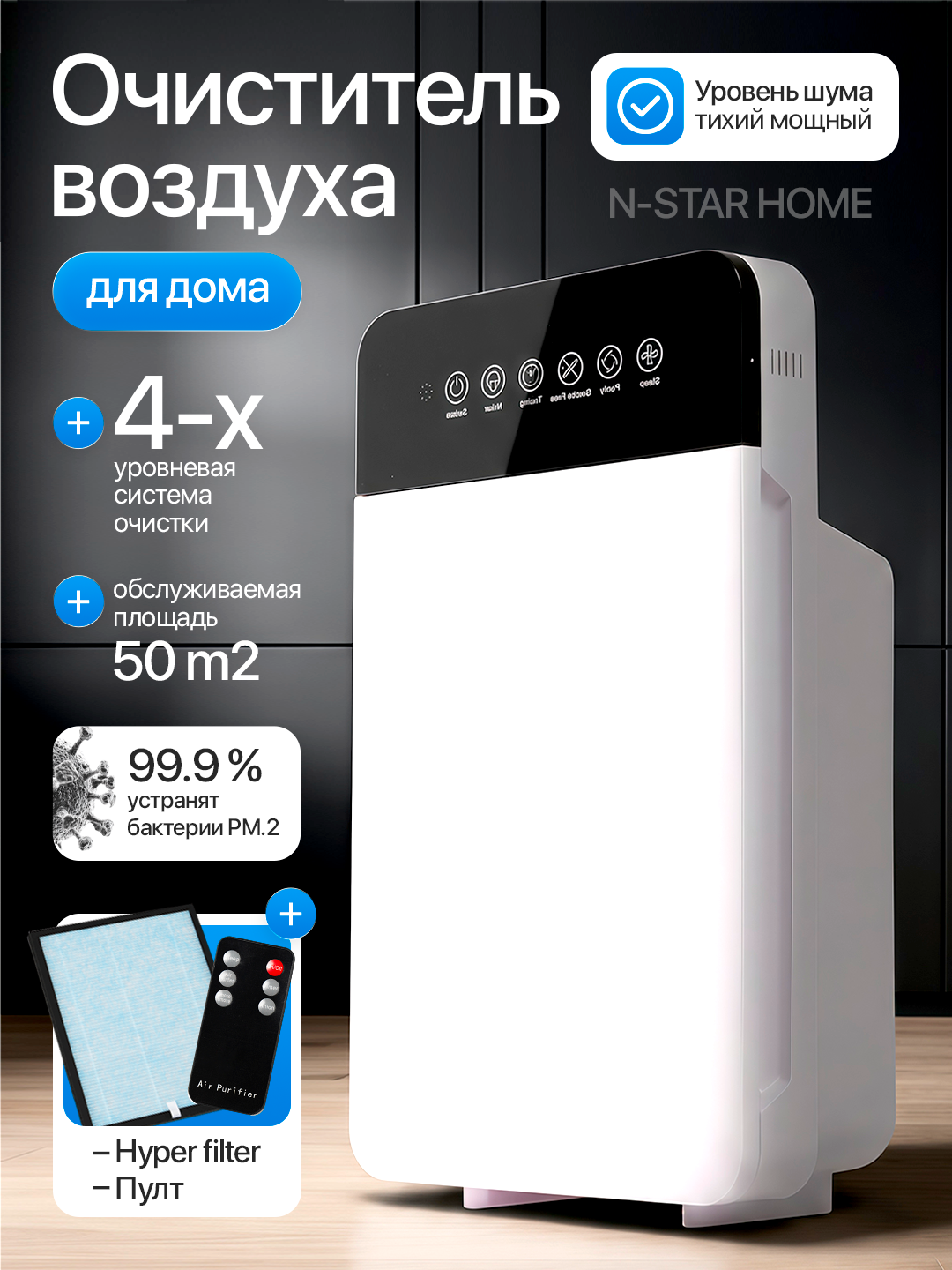 Очиститель воздуха "HEPA-фильтр", ионизация, настольный, белый