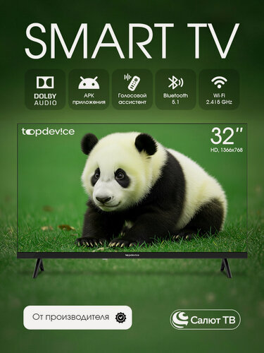 Изображение товара Телевизор 32 дюйма Topdevice Smart TV, HD, VA, Салют ТВ, Wi-Fi, Bluetooth, TDHTV32SHD_BK