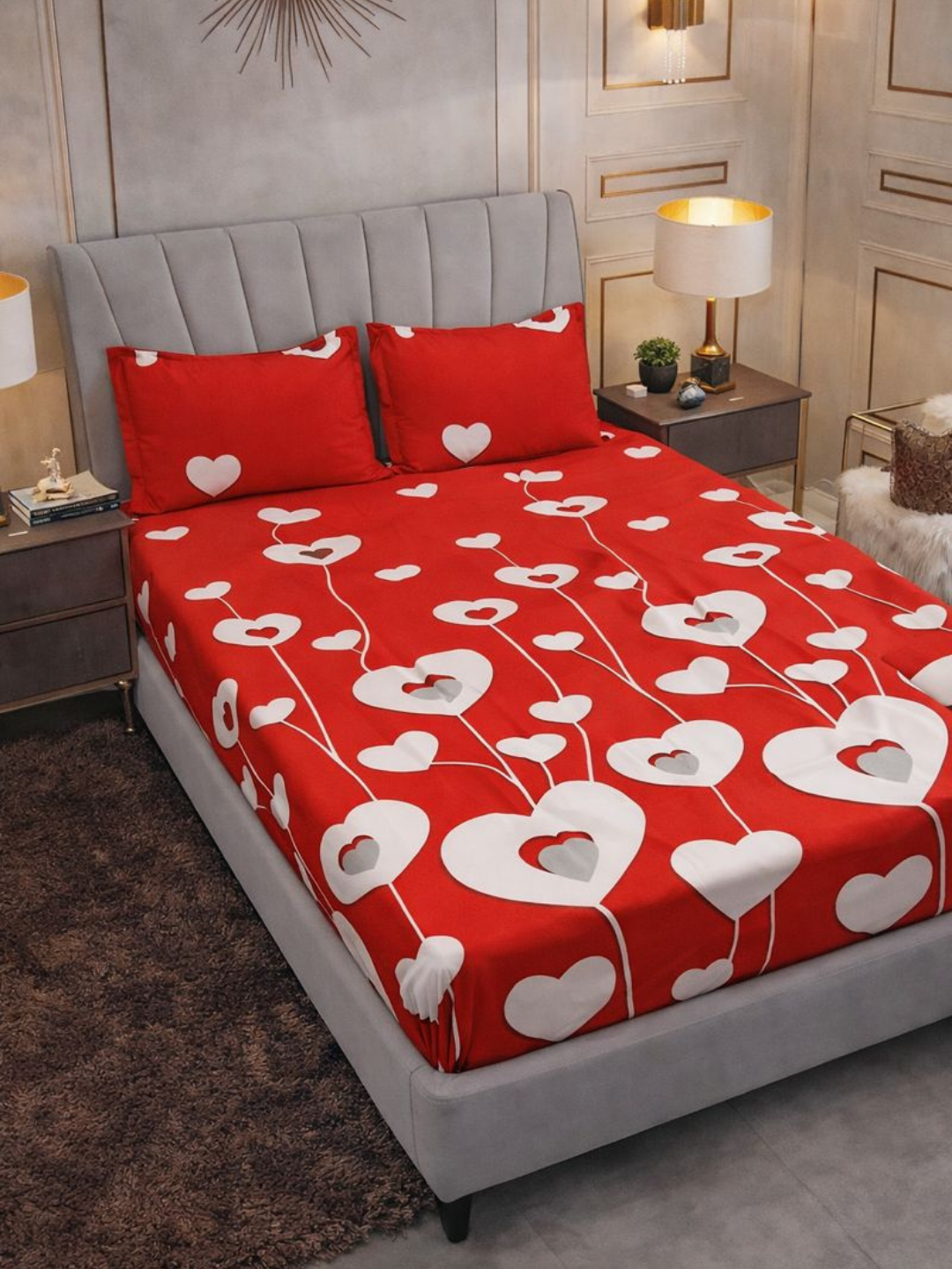 Простыня, 2-спальная, на резинке, с наволочками, сатин, розовая