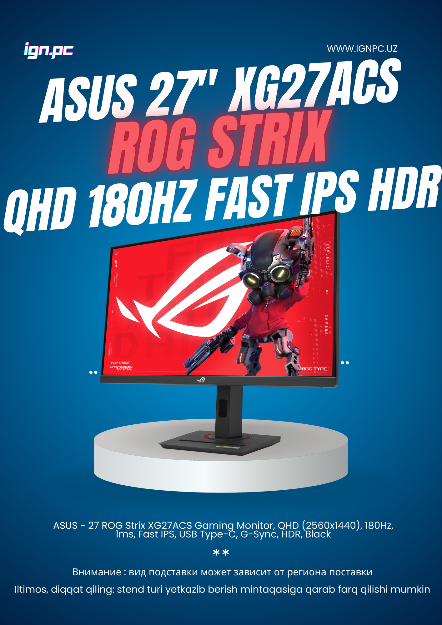 ASUS - 27 ROG Strix XG27ACS Gaming Monitor, QHD (2560x1440), 180Hz, 1ms, Fast IPS, USB Type-C, G-Sync, HDR, Black