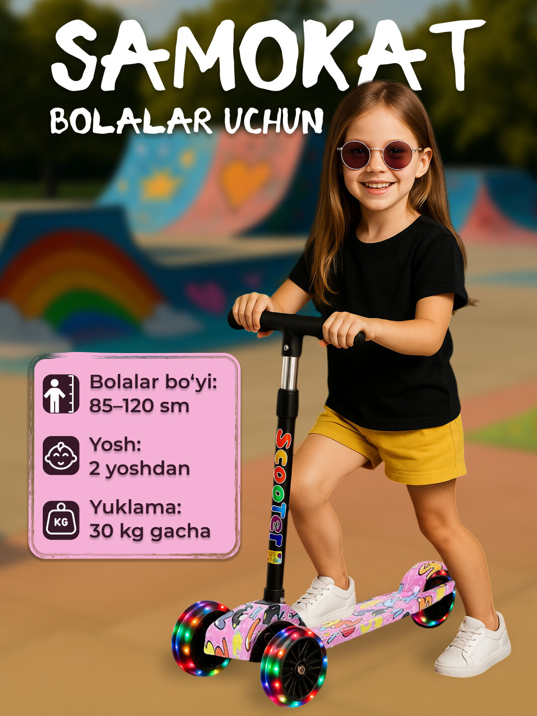Детский самокат со светящимися колесами, подходит для мальчиков и девочек.