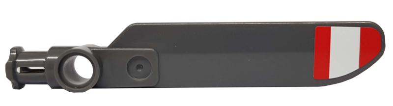 Technic Rotor Blade Small with Axle and Pin Connector End with Red and White Stripes (Unequal Width) Pattern on Top (Sticker) - Set 42020, 99012pb07 Dark Bluish Gray U
