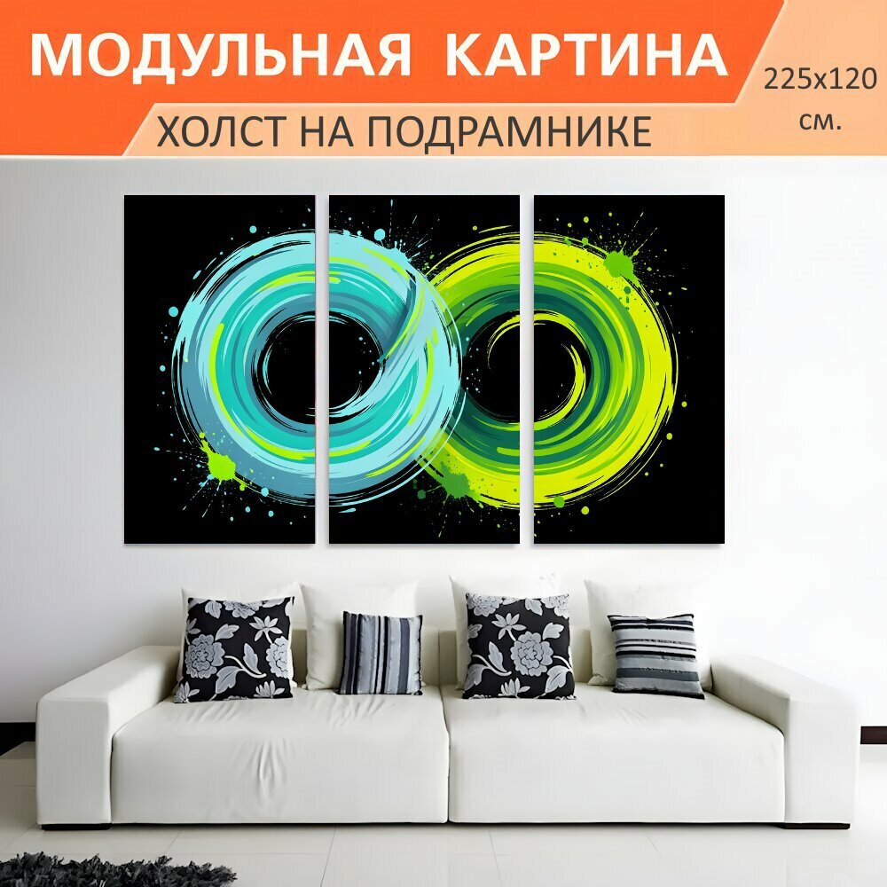 Модульная картина на холсте "Абстрактные бирюзовые и неоновые круги. Два переплетённых графичных кольца в стиле современного." триптих на подрамнике 225х120 см. для интерьера