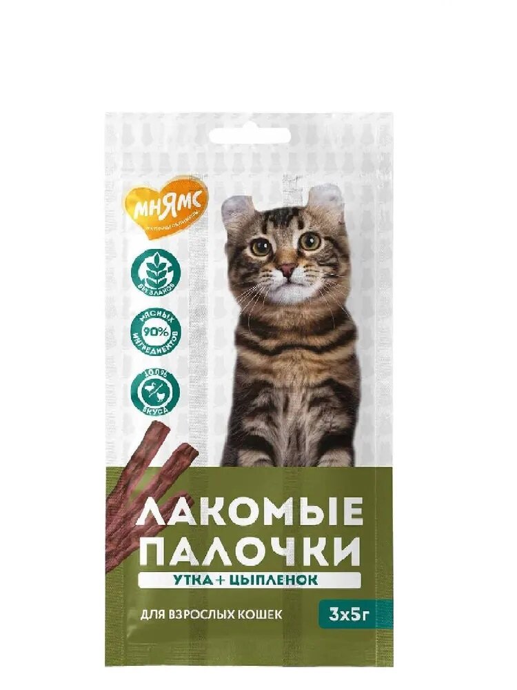 Лакомство для кошек Мнямс лакомые палочки для кошек из цыпленка и утки 3 шт х5 г