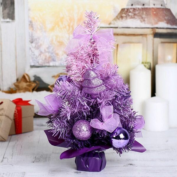 Ёлка искусственная «Зимнее волшебство. Двойная», 30 см, с шарами, ветки ПВХ отгибаются, фиолетовая
