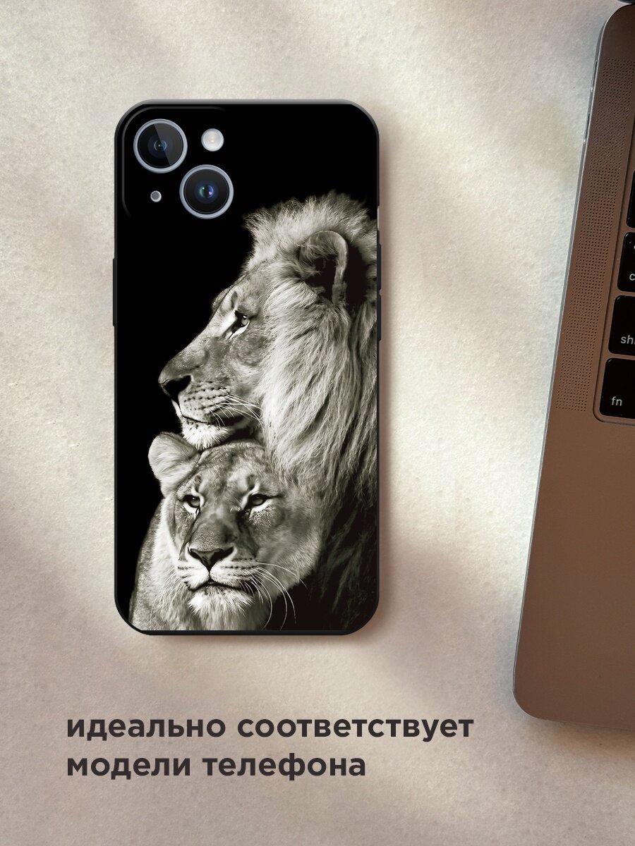 Черный матовый чехол на Apple iPhone 14 / Айфон 14 с принтом "Лев и львица" — фото 1