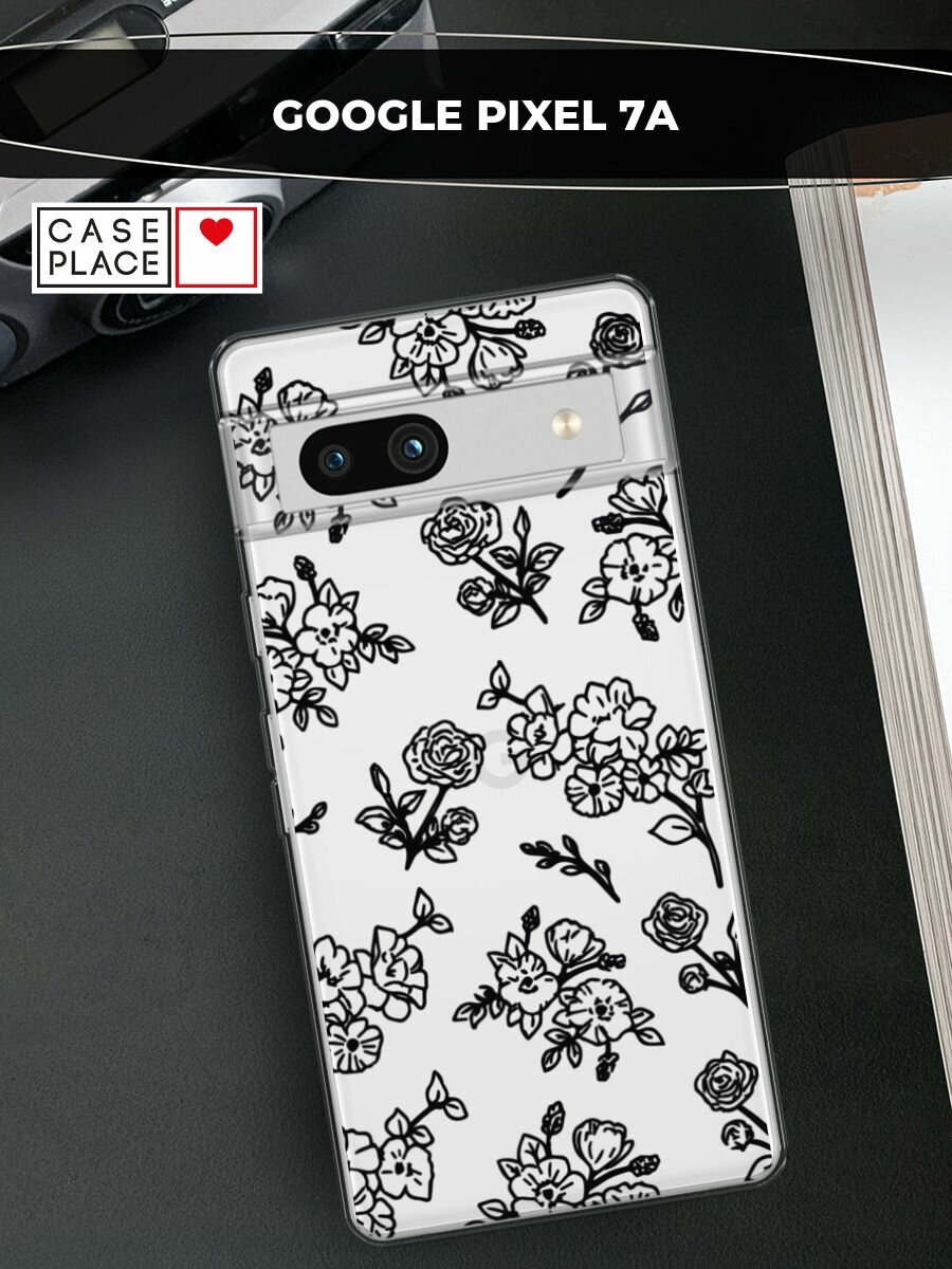 Чехол на Google Pixel 7a / Гугл Пиксель 7a с принтом "Черные розы паттерн", прозрачный