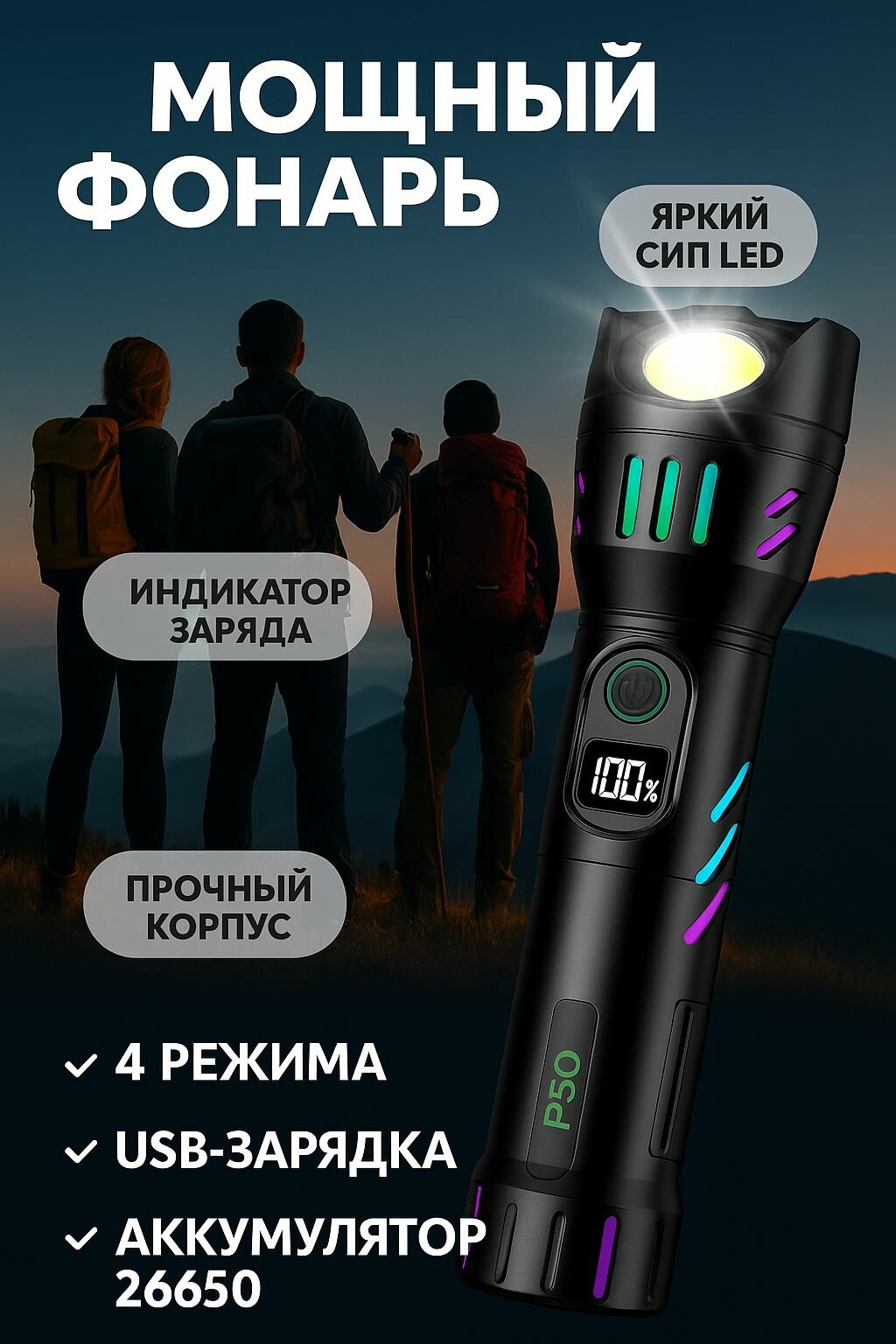 Походный фонарь аккумуляторный LED с зумом и индикатором заряда