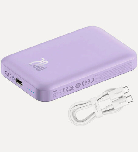 Изображение товара Внешний магнитный беспроводной аккумулятор BASEUS Magnetic 6000 mAh, 20W, с кабелем Type-C to Type-C 50 см, Purple