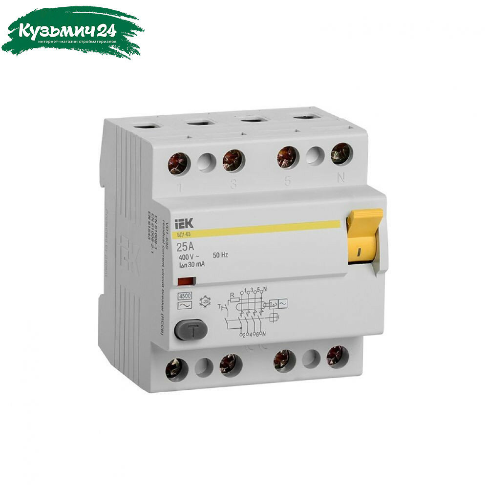Выключатель дифференциального тока IEK 4п 25A 30mA тип AC ВД1-63