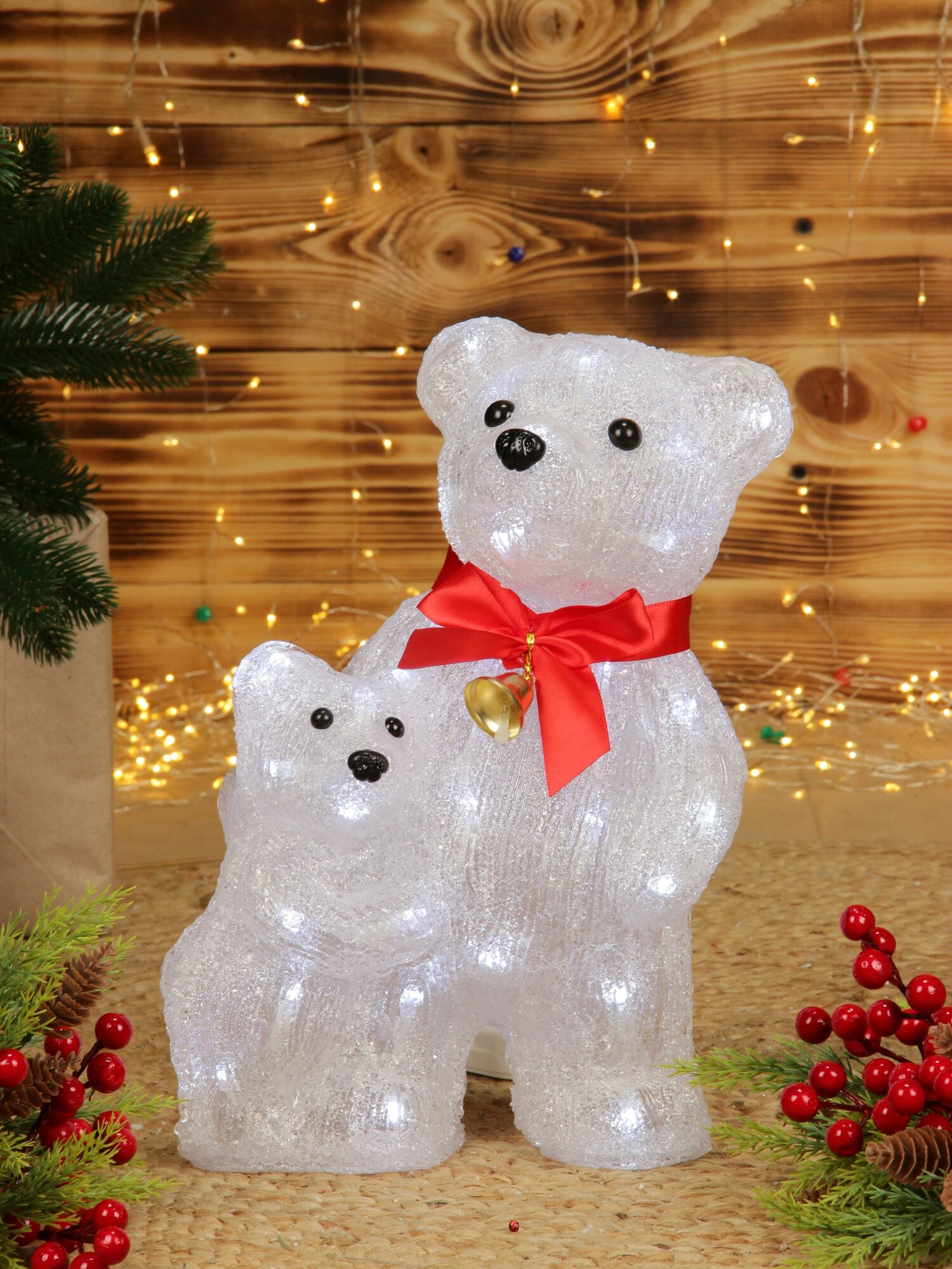 Медведь новогодний под елку светящийся 30 см, акриловый, белый