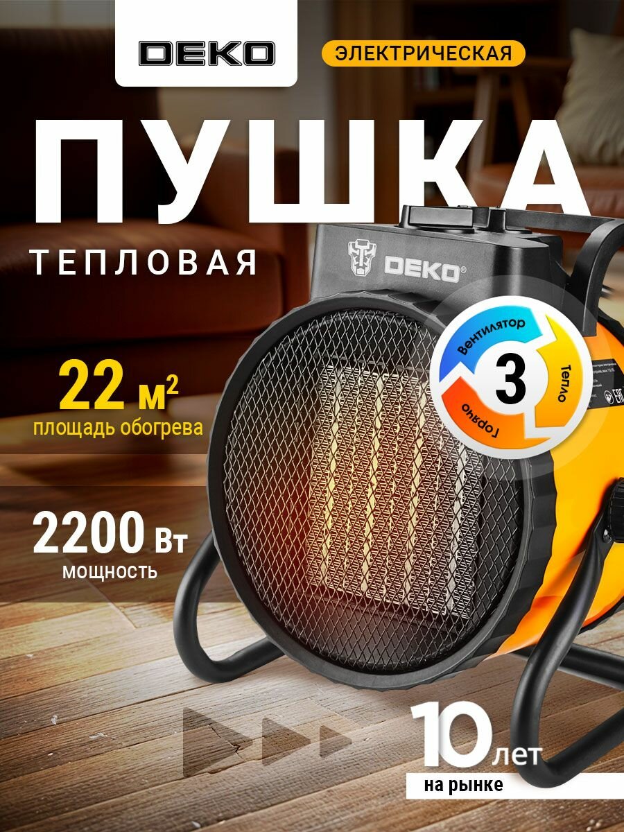 Тепловая пушка электрическая DEKO 2200 Вт площадь 22 м2 3 режима термостат + защита от перегрева