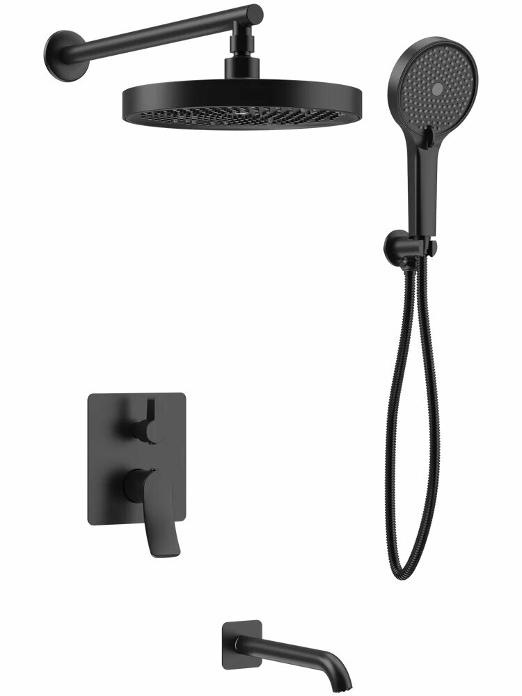 Душевой комплект Haiba HB80553-7 5 в 1 встраиваемый с внутренней частью в комплекте со смесителем с изливом с верхним душем латунный черный матовый